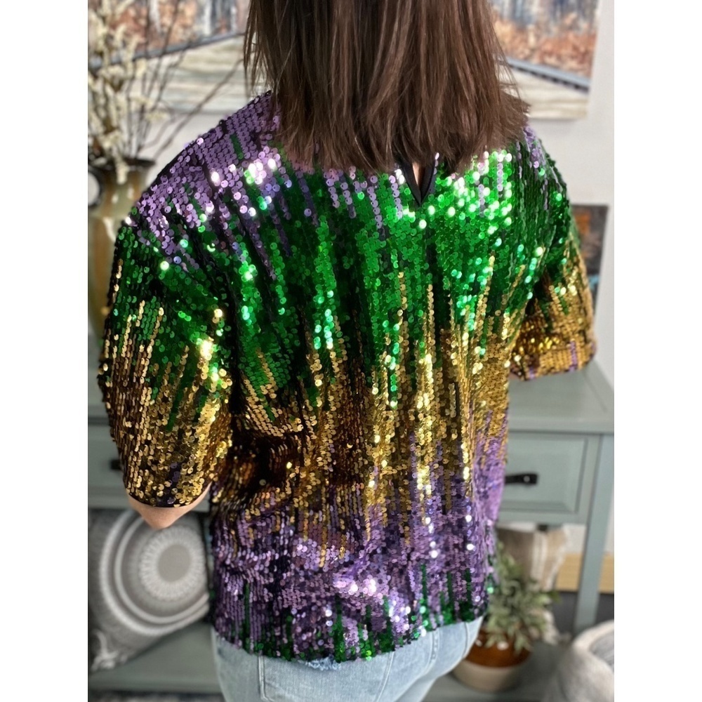 Mardi Gras Sequined Ombre Short Sleeves Cropped Parade Purple Green Gold 0923 - Picture 9 of 9